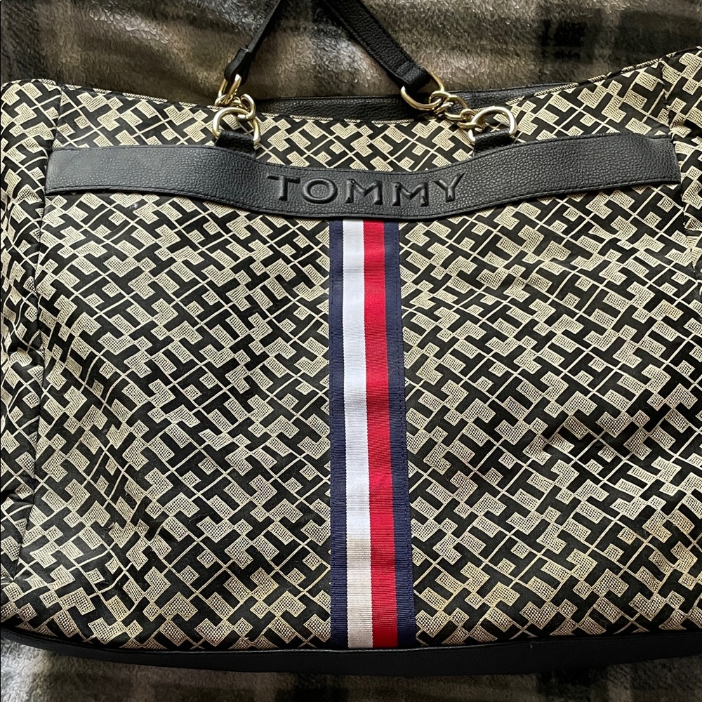 Tommy Hilfiger Monochrome Tote with Red and Blue Stripe